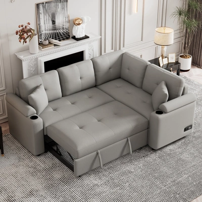 Simplie Fun 87.4" L-shape Sofa Bed Pullout Sleeper Sofa In Gray