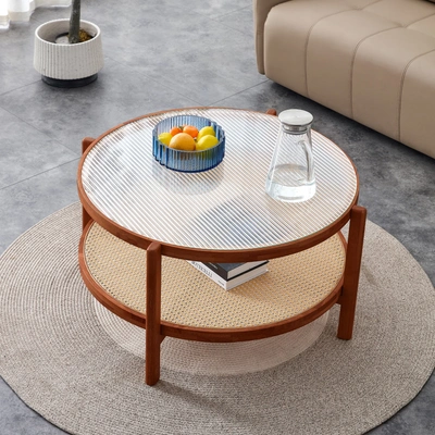 Simplie Fun Modern Minimalist Circular Doublelayer Solid Wood Coffee Table In Multi