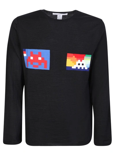 Comme Des Garçons Shirt Crew Neck Wool Blend Pacman Sweater In Black