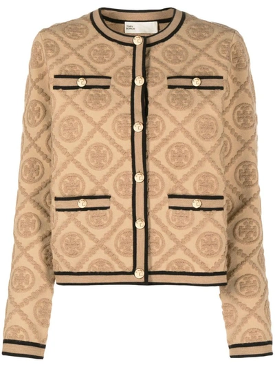 Tory Burch Monogram Motif Cardigan In Beis