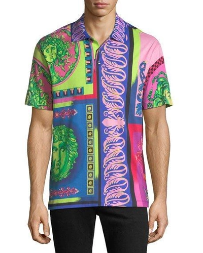 Versace Men's Baroque Tile Print Polo Shirt With Medusa In Multi