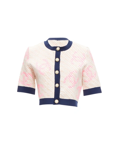 Pre-owned Chanel Rare  Pink Applique Logo Twirl Seashell Button Cropped Cardigan