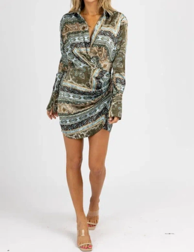 Luxxel Paisley Satin Collared Mini Dress In Olive In Gold