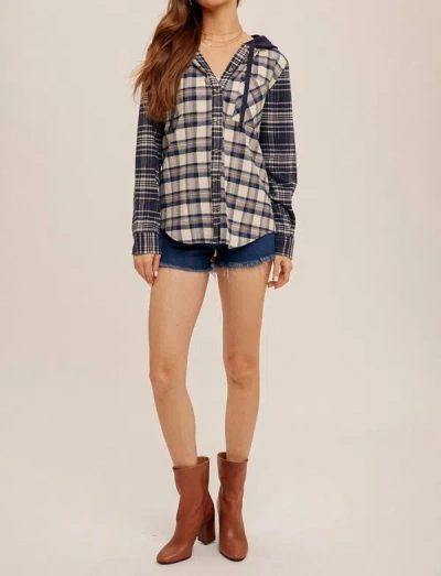 Hem & Thread Mixed Plaid Hooded Button Down Shirt In Navy In Blue