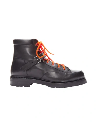 Hermes Black Smooth Leather Orange Laced Hiking Boots