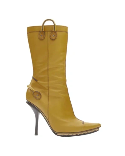 Dsquared2 Yellow Leather Loop Handle Gold Metal Trim Platform Tall Boot