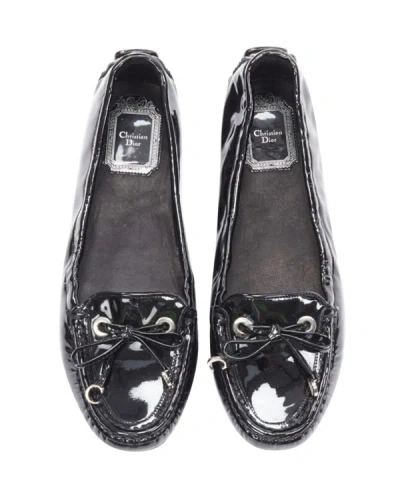 Dior Christian  Black Patent Silver Cd Charm Bow Flat Loafer