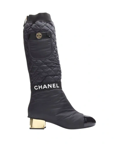 Pre-owned Chanel 2021 Black Gold Cc Logo Padded Nylon Block Heeled High Boots