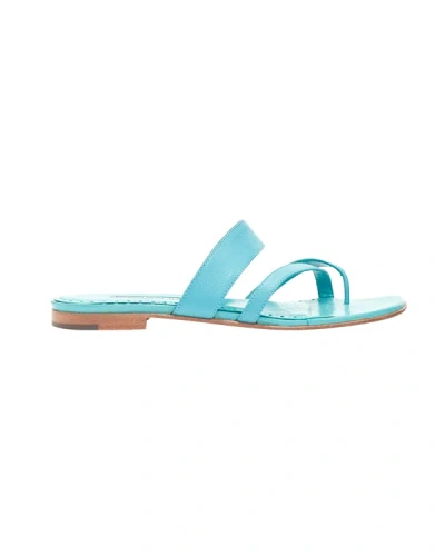 Manolo Blahnik Teal Blue Toe Ring Crisscross Leather Strappy Sandals