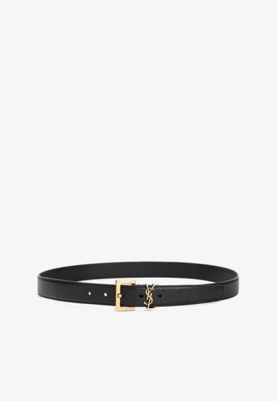 Saint Laurent Cassandre Leather Belt In Black