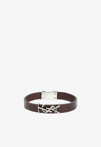 Saint Laurent Cassandre Leather Bracelet In Brown