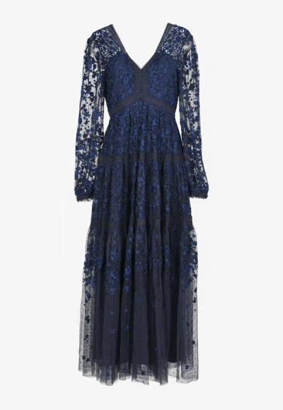 Needle & Thread Celestia Floral Lace Ribbon Gown In Navy