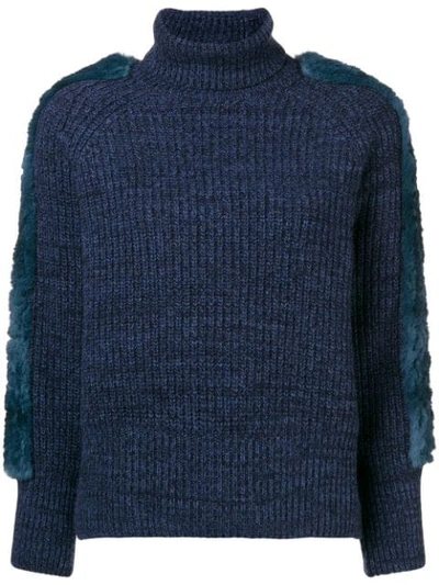 Maison Père Fur Applique Turtleneck Sweater - Blue