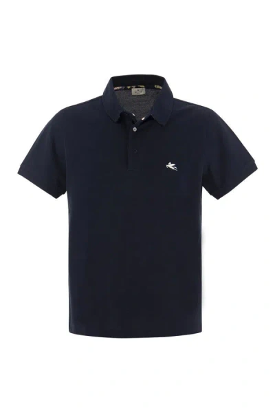 Etro Piqué Polo Shirt With Pegasus In Blue