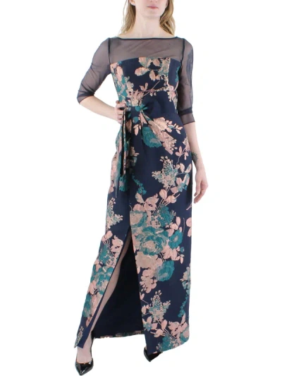 Kay Unger Womens Floral Metallic Evening Dress In Blue