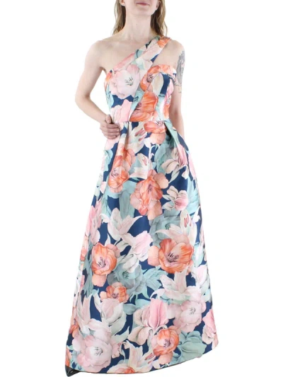 Kay Unger Womens Floral One Shoulder Evening Dress In Multi