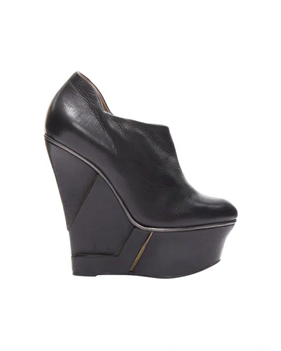 Lanvin 2010 Alber Elbaz Black Leather Structural Wedge Platform Bootie