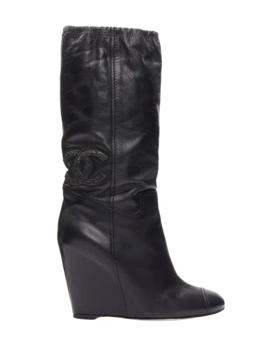 Pre-owned Chanel Cc Logo Bead Embellishment Black Leather Wedge Heeled Boots