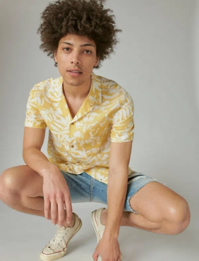 Lucky Brand Men's Linen Print Camp Collar Short Sleeve Shirt In Yellow