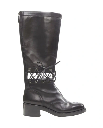 Pre-owned Chanel Black Calfskin Cross Stitch Cut Out Cc Toe Cap Block Heel Boot