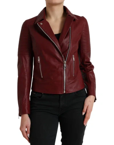 Dolce & Gabbana Bordeaux Leather Biker Coat Lambskin Jacket In Burgundy