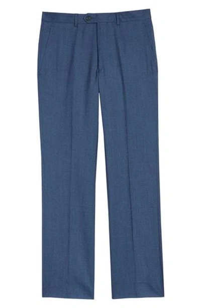 Santorelli Flat Front Solid Wool Trousers In Med Blue