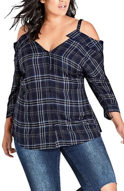 City Chic Chic Chic Reality Check Cold Shoulder Top In Navy/blue
