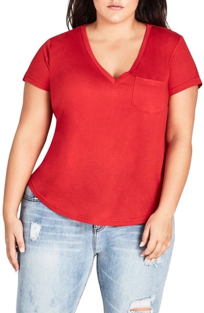 City Chic V-neck Pocket Tee In Red Rocket