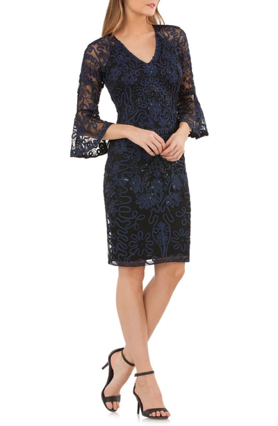 Js Collections Bell Sleeve Bead & Soutache Cocktail Dress In Navy