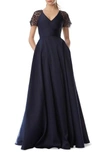 ml Monique Lhuillier Lace Sleeve Ball Gown In Navy