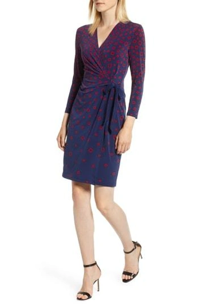 Anne Klein Tumbling Squares Faux Wrap Dress In Marine Blue/ Marine Red