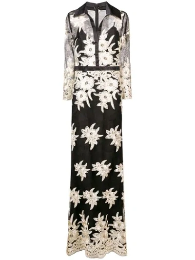 Badgley Mischka Collared Floral Lace Shirt Dress In Black