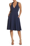 Dress The Population Womens Textured Knee Length Fit & Flare Dress In Blue