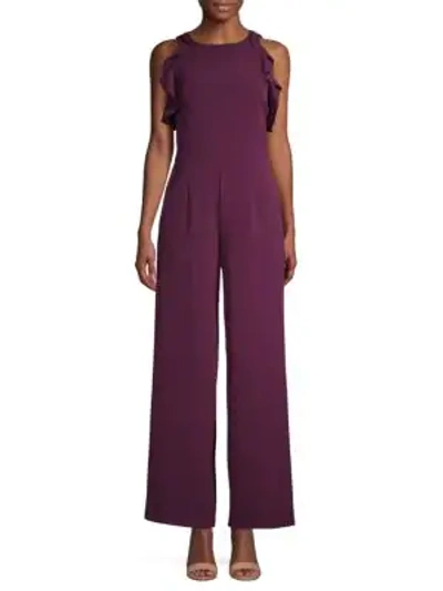 Julia Jordan Crepe Ruffle Trim Wide Leg Jumpsuit In Plum