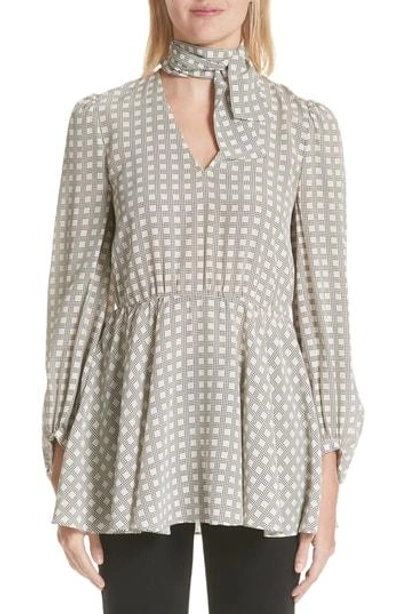 Co Houndstooth Plaid Tie Neck Silk Crepe De Chine Blouse In White