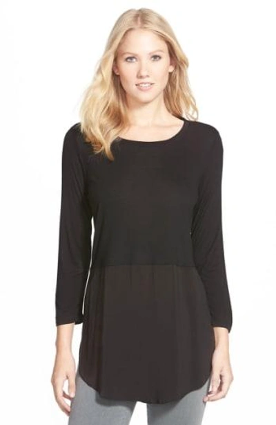 Two By Vince Camuto Mixed Media Jewel Neck Tunic In Rich Black