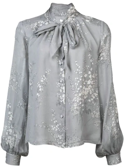 Co Floral Print Tie Neck Crinkle Chiffon Blouse In Grey