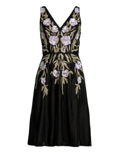 Aidan Mattox V-neck 3d Floral Embroidered Velvet Dress W/ Pockets In Black