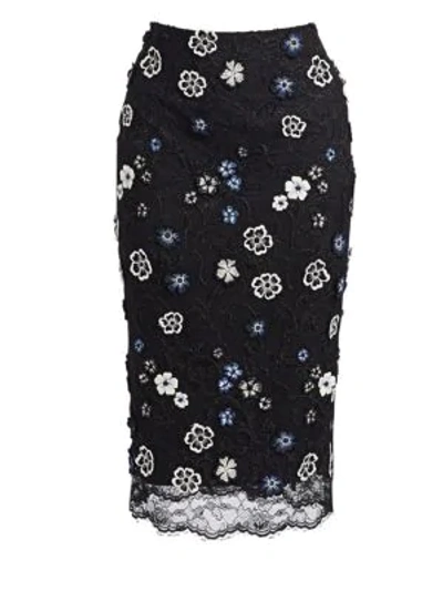 Lela Rose Floral-lace Knee-length Pencil Cocktail Skirt In Navy Black