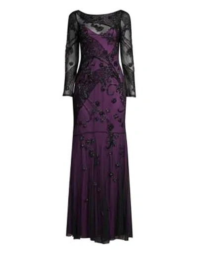Parker Black Sophia Sheer Floral Long-sleeve Gown Dress In Plum
