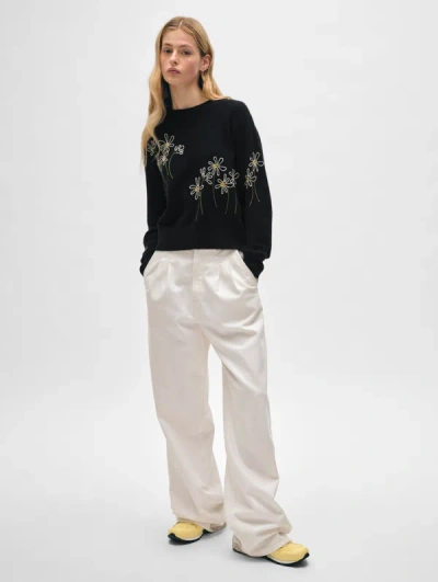 White + Warren Cashmere Embroidered Crewneck Top In Black Combo