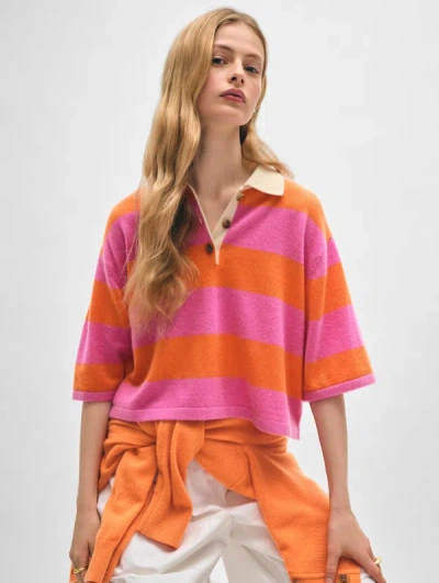 White + Warren Cashmere Cropped Striped Polo Sweater In Fondant Pink/ Bright Tangerine