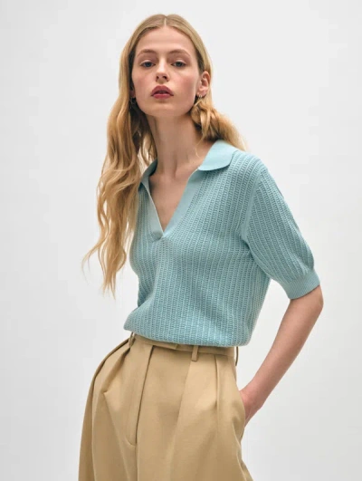 White + Warren Organic Cotton Cashmere Mesh Polo Sweater In Soft Aqua In Multi