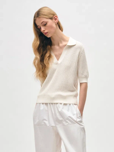 White + Warren Organic Cotton Cashmere Mesh Polo Sweater In White