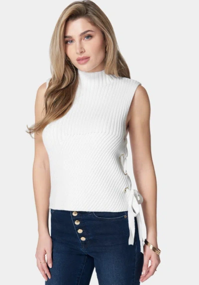 Bebe Wool Blend Side Lace Up Sleeveless Sweater Top In White Alyssum