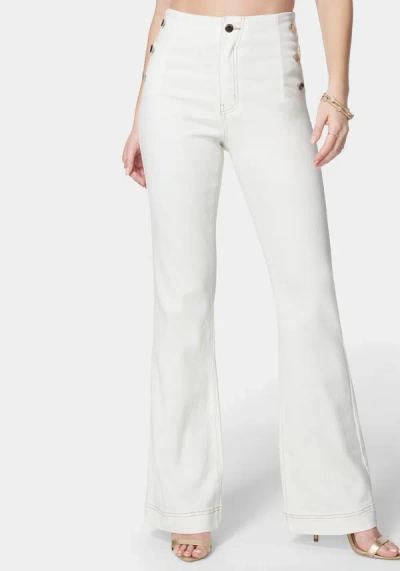 Bebe High Waist Flared Wide Leg Button Detail Jeans In Soft White Wash