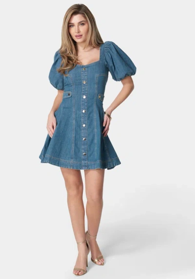 Bebe Sweetheart Ballon Puff Sleeve Denim Dress In Mezzo Wash