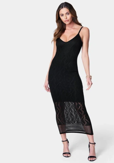 Bebe V Neck Midi Crochet Dress In Black