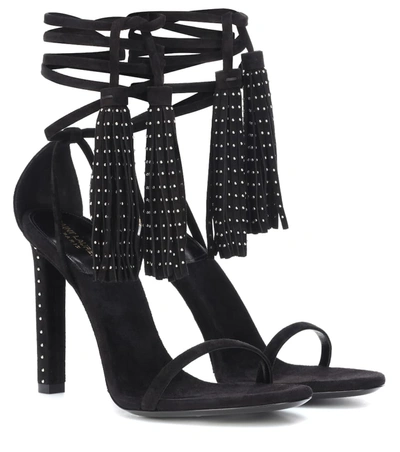 Saint Laurent Linn Embellished Suede Sandals In Black
