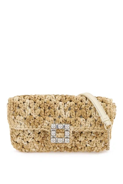 Roger Vivier Grey Raffia Clutch With Crystal Buckle And Removable Chain Strap For Women
